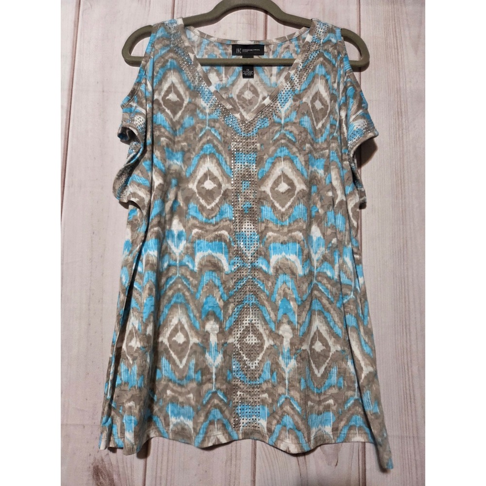 INC International Concepts Rhinestone Cold Shoulder Top 1X Blue Tan Ikat Print